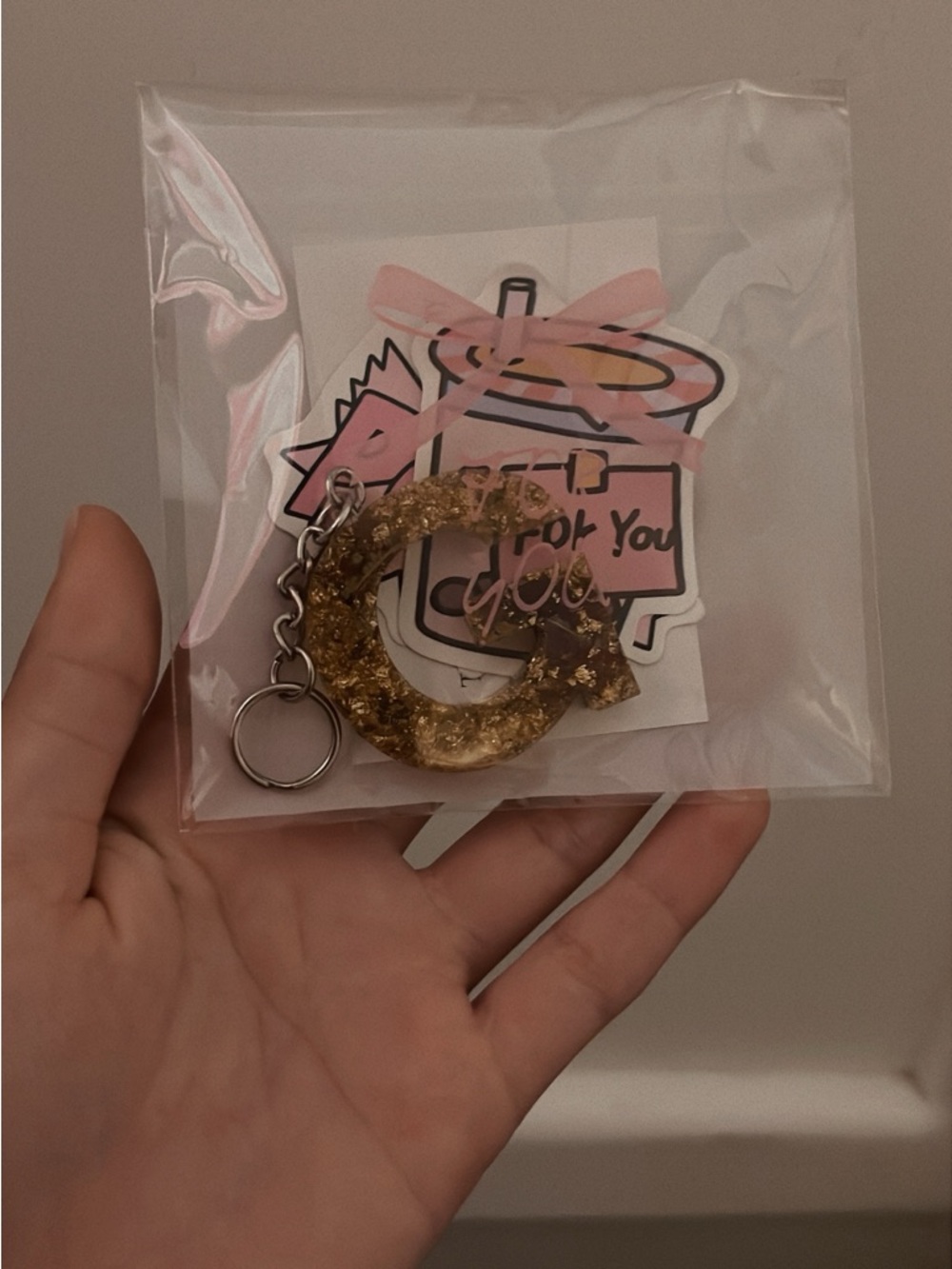 Gold Resin 'G' Keychain with Pink Sticker Set